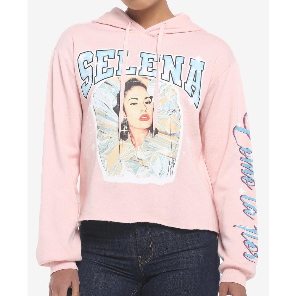Selena Official NWT Women's Medium Como La Flor Pastel Pink Crop Graphic Hoodie